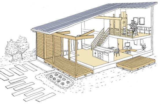 建物の高さを抑えたローフォルム。エッジのきいた大きな片流れ屋根。